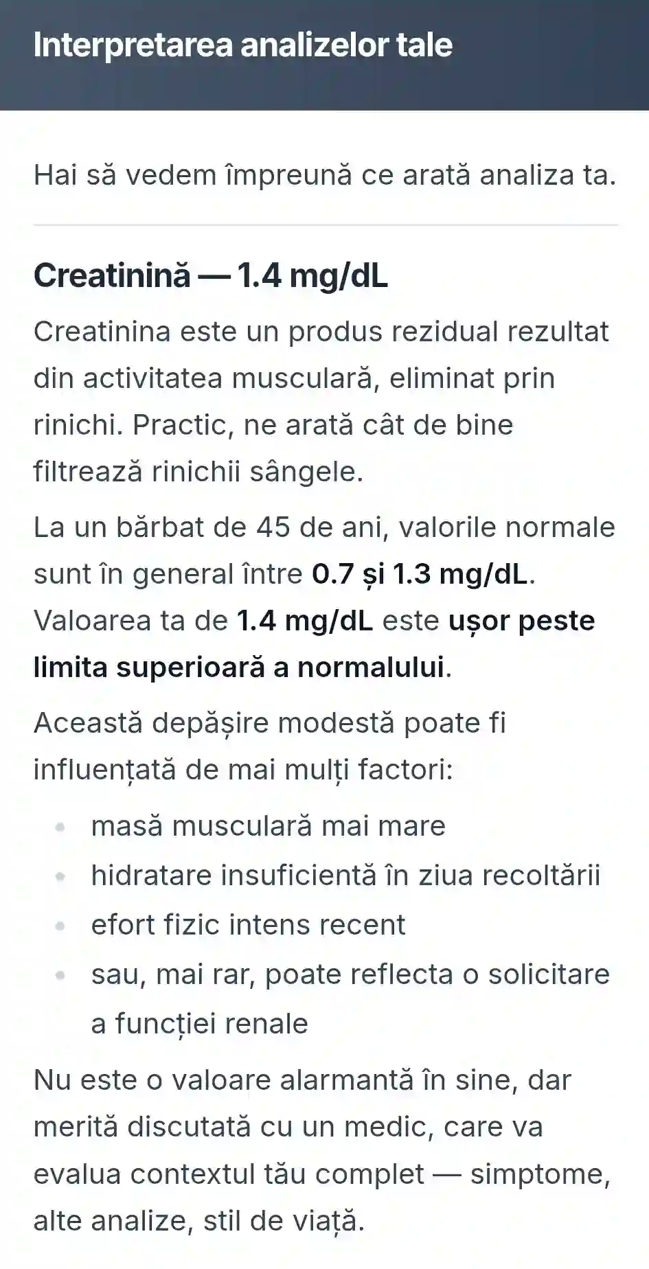 Interpretare creatinină serică pe Drin.ro – explicație gratuită, fără cont