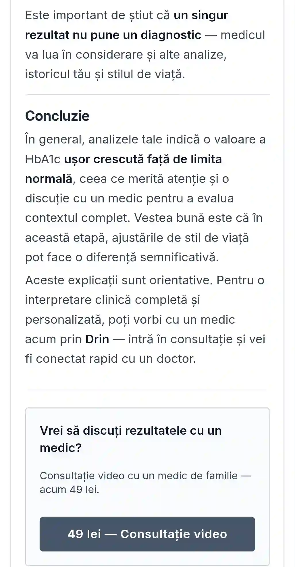 Concluzie interpretare HbA1c pe Drin.ro – consultație medic de familie 49 lei