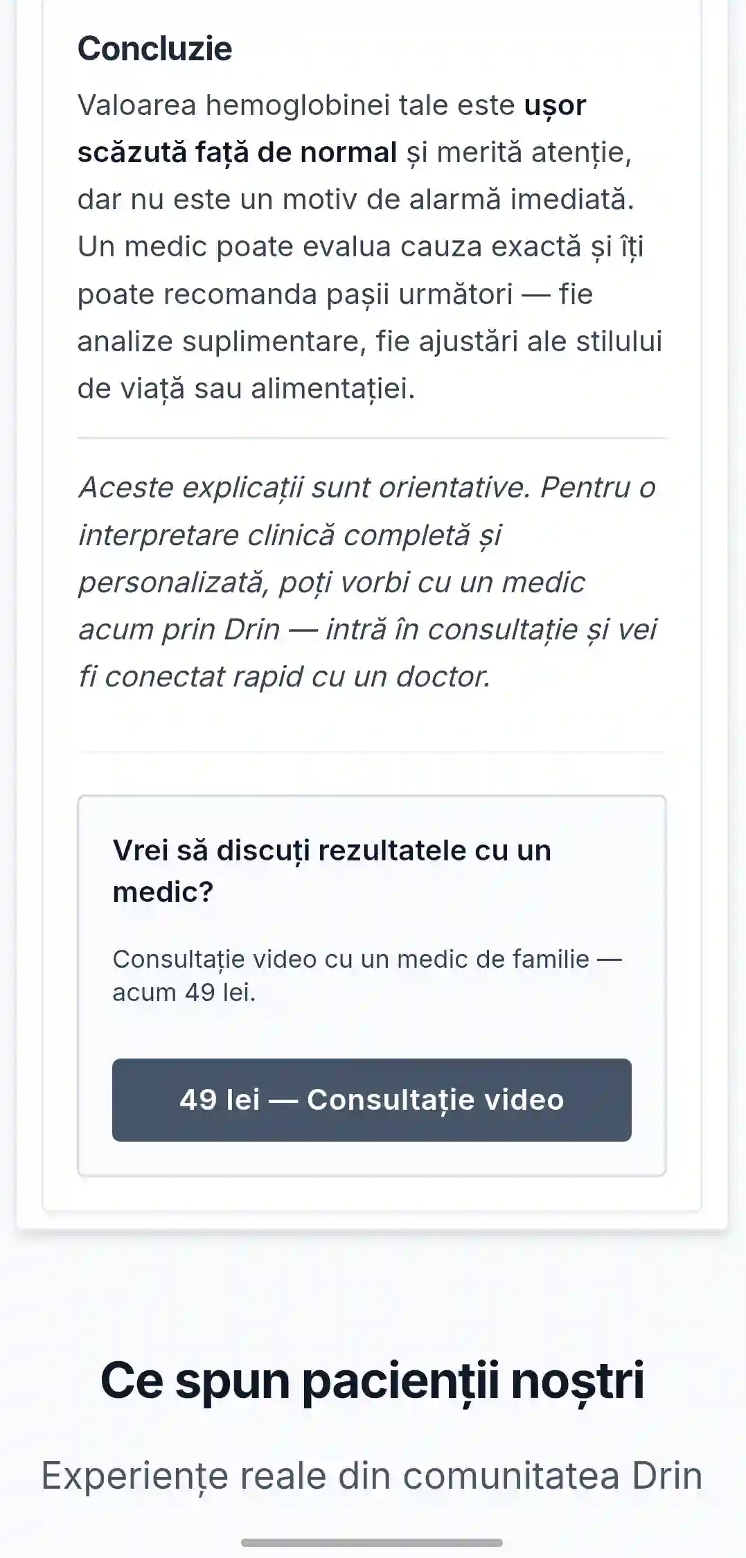 Concluzie interpretare analize pe Drin.ro – consultație medic de familie 49 lei