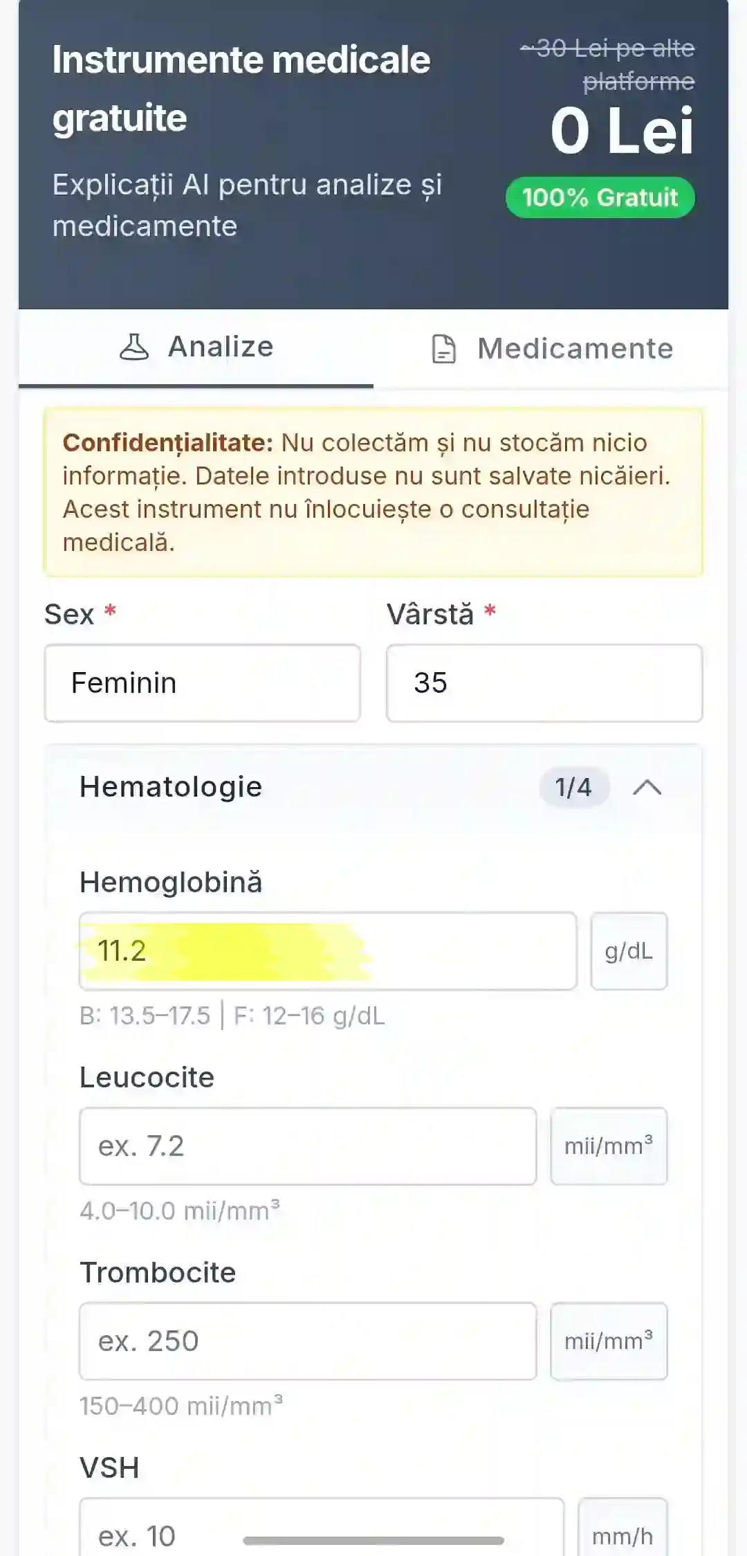 Introducere hemoglobina scăzută pe interpretorul Drin.ro – gratuit, fără cont