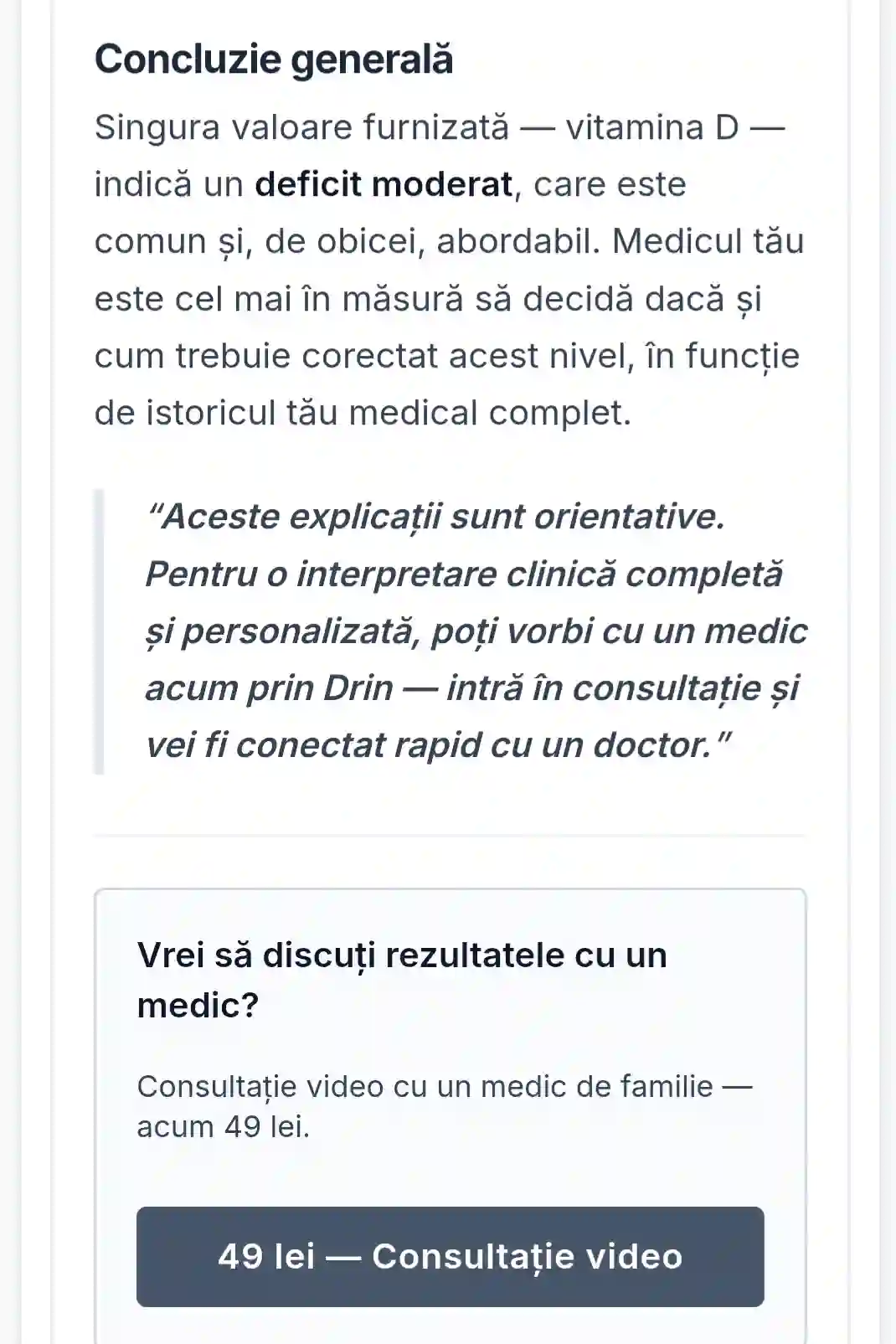 Concluzie interpretare vitamina D pe Drin.ro – consultație medic de familie 49 lei