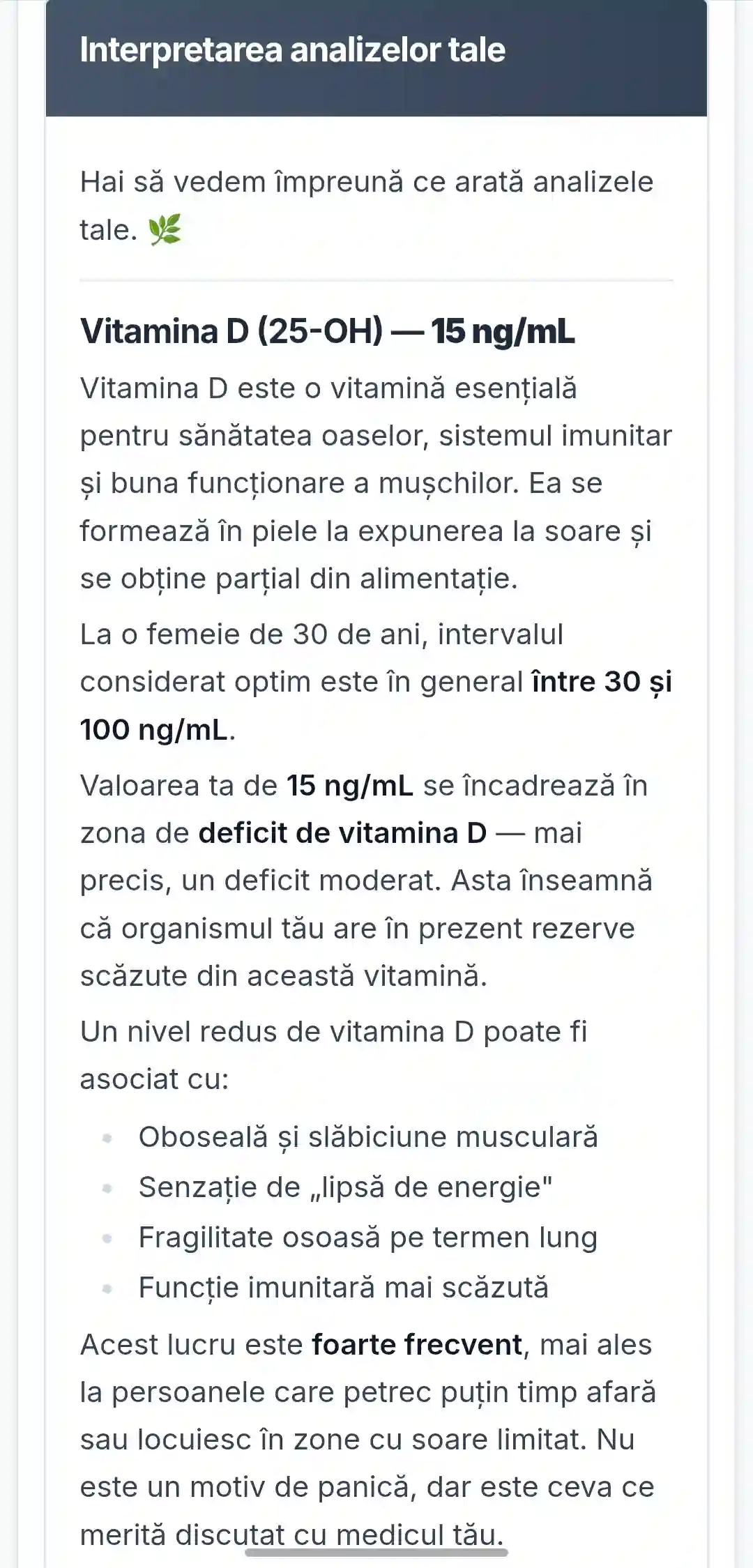 Explicație vitamina D scăzută pe Drin.ro – interpretare gratuită analize online